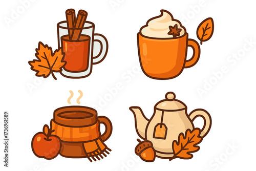 Cozy autumn drinks vector icon set. Simple cartoon illustration of fall beverages. Pumpkin spice latte, mulled apple cider, hot tea. Seasonal graphic elements for menu design.