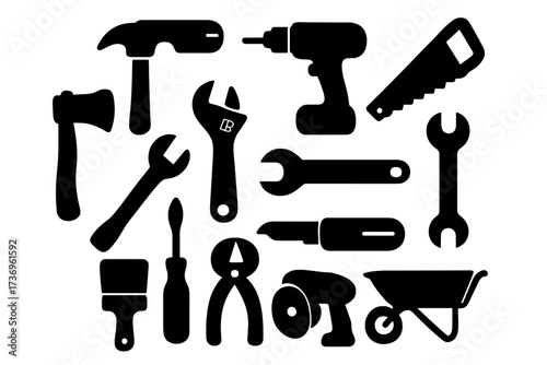 Tool silhouette icon set. Vector collection of hand and power tools for construction, repair, and DIY projects. Workshop hardware equipment like hammer, drill, saw, and wrench.