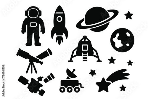 Space exploration icon set. Black silhouette collection of astronaut, rocket, planet, satellite, lunar lander, and telescope. Astronomy and science vector graphics. Cosmos discovery.