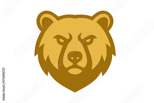Golden bear head logo mascot. Strong grizzly animal symbol for sport team emblem. Vector illustration of a powerful wild predator icon. Financial market bull vs bear concept.