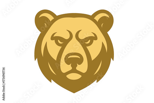 Golden bear head mascot logo. Stylized grizzly face vector icon. Wild animal symbol of strength and power. Aggressive predator for sports team emblem or brand identity design.