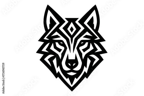 Stylized geometric wolf head vector illustration. Abstract tribal tattoo design. Modern black and white animal mascot logo icon. Symbol of power, strength, and the wild.