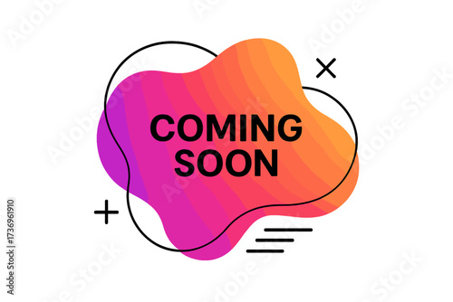Coming soon vector banner on abstract liquid amoeba shape with gradient. Trendy geometric background for promotion, sale, business, website, social media, new release.