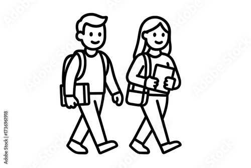 Two students, a boy and a girl, walking to class. University classmates with backpacks and books. Back to school concept for education and friendship. Vector thin line icon.