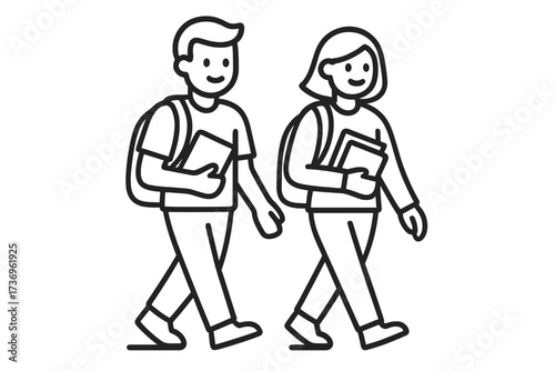 Two students walking together. Boy and girl with backpacks and books. Back to school concept. Vector outline icon for college, university, high school, education, learning.