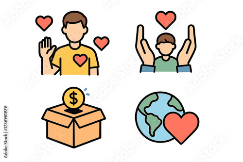 Humanitarian aid icon set with volunteering, charity, and donation symbols. Vector concepts for non-profit organizations, adoption, social support, community help, and love.