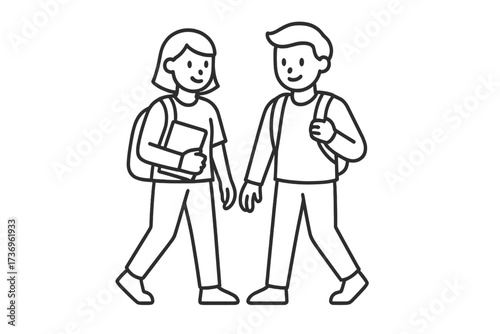 Two students, a boy and a girl, walk to class. Classmates or friends with backpacks. Concept for back to school, university, college life. Thin line vector icon illustration.