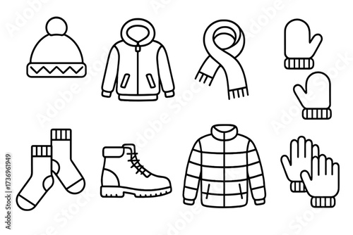 Winter clothing essentials icon set in simple linear style. Vector outline illustration for cold weather. Apparel collection with jacket, hat, scarf, gloves, and boots.