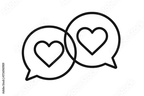 Two speech bubbles with hearts vector line icon. Concept for romance, love, Valentine's day, online dating, wedding. Dialogue, communication and relationship symbol.