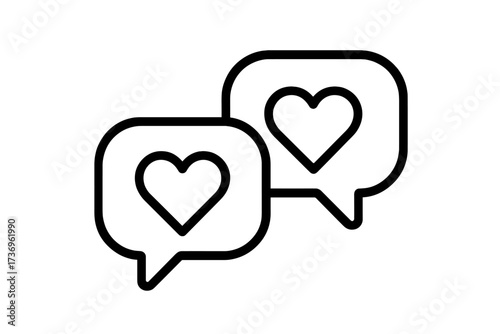 Two speech bubbles with hearts vector line icon. Concept for romance, love, and affection. Online dating app symbol. Wedding and relationship communication sign. Love message.