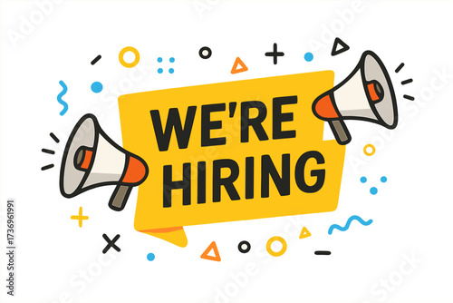 We're hiring announcement with megaphones. Job vacancy advertisement concept. Loudspeaker for recruitment. Looking for new employees. Join our team. Human resources poster.