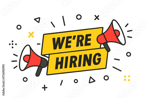 We're hiring banner. Modern graphic design with megaphones. Job vacancy announcement. Business concept for recruitment and employment. Career opportunity. Join our team.