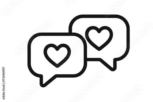 Love chat vector line icon. Two speech bubbles with hearts. Symbol of romance, online dating, valentine's day, wedding invitation. Romantic message, communication, relationship concept.