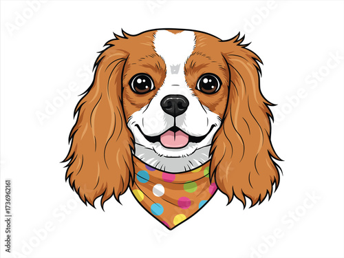 Cheerful cartoon spaniel dog head illustration, showcasing a happy expression and vibrant polka dot bandana