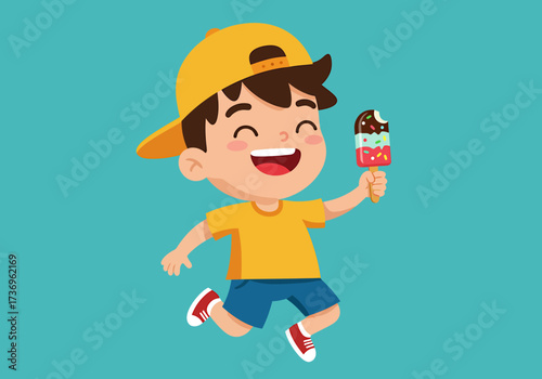 Happy cartoon boy jumping up with ice cream on a stick