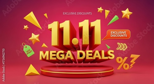 1111 Mega Deals Sale on a Red Podium with Golden Text.