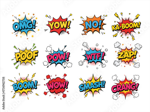 A vibrant collection of pop art comic book sound effects and speech bubbles