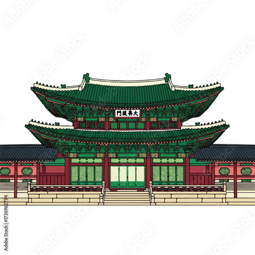 Illustration of a traditional Korean hanok architecture building with a green tiled roof and red accents on a white background.