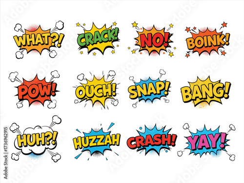 Vibrant and explosive comic pop art sound effects with dynamic speech bubbles set