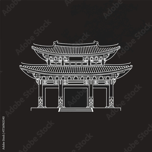 Detailed line drawing of a traditional Korean hanok architecture gate with ornate roof and pillars against a solid black background.