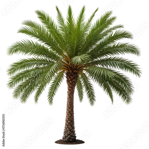Isolated palm tree with green fronds and brown trunk, against black background