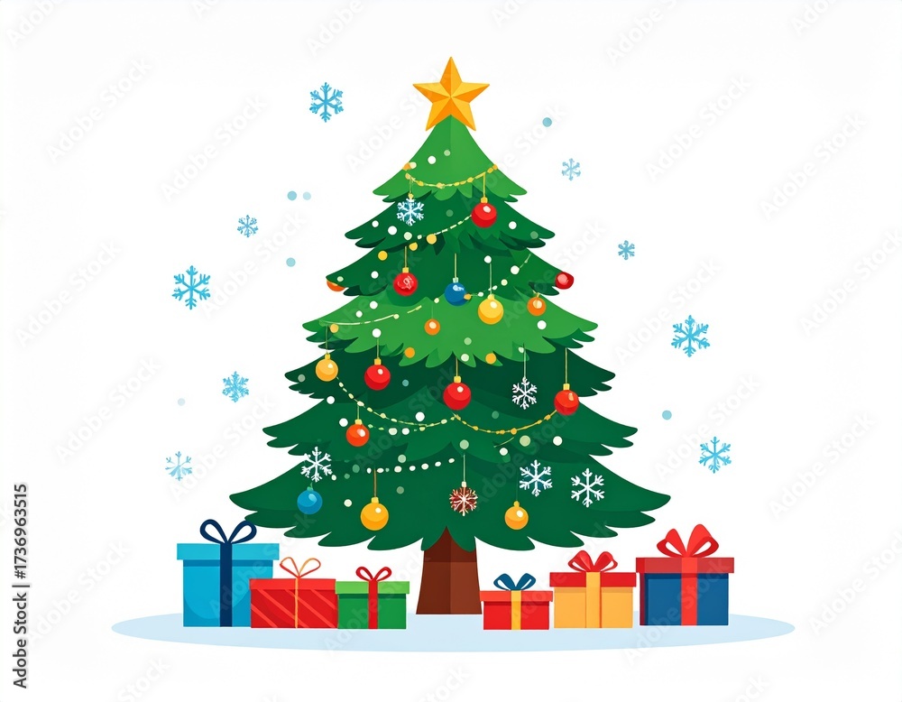 Obraz premium Flat Vector Christmas Holiday Illustration with Tree and Gifts