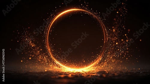Glowing, golden ring of light dominates dark background, sparkling particles erupt, creating a magical effect