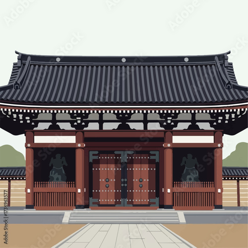 Illustration of a traditional Korean hanok architecture building with a black tiled roof and red doors, set against a serene landscape.