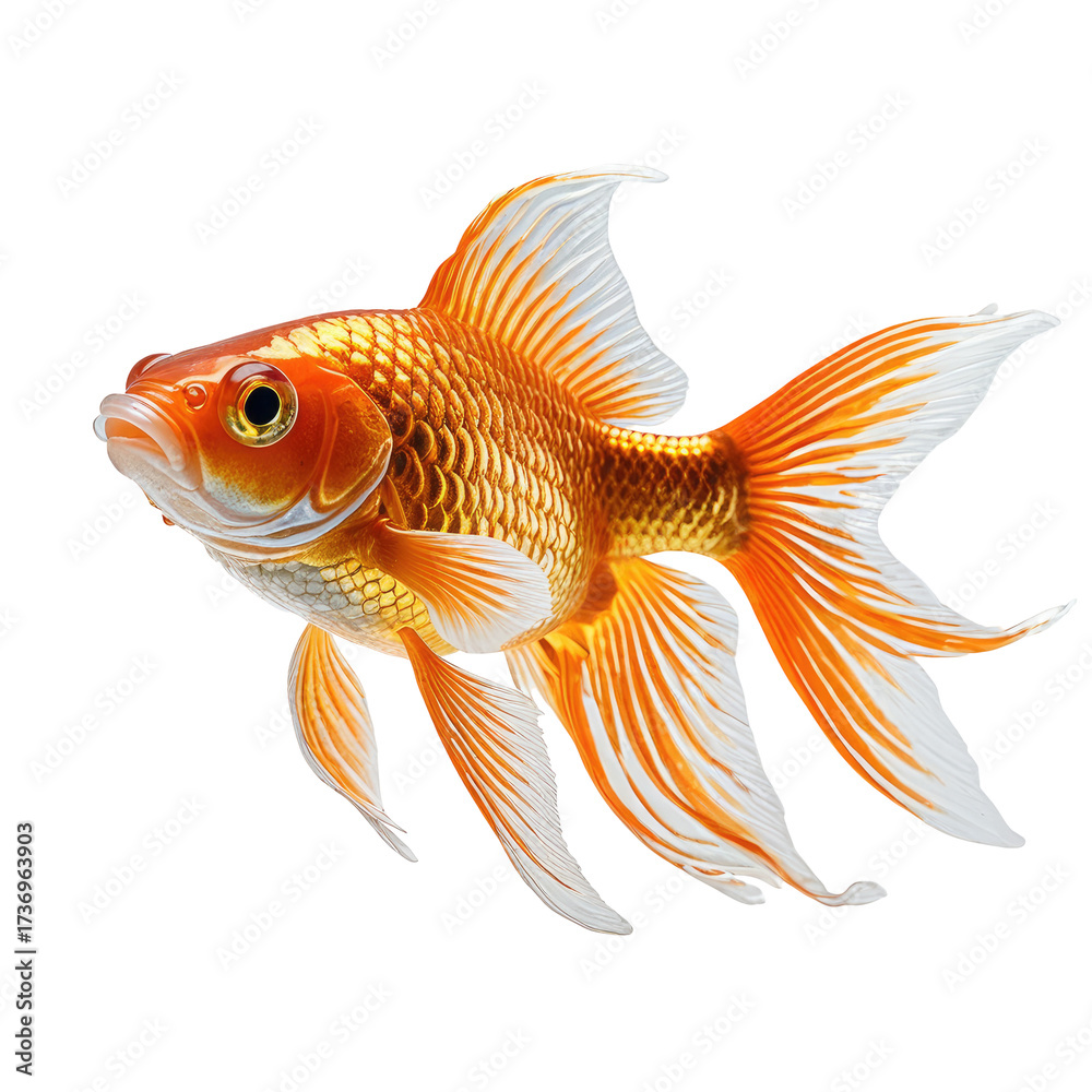 Fototapeta premium Close-up shot of vibrant goldfish with flowing fins, isolated on black