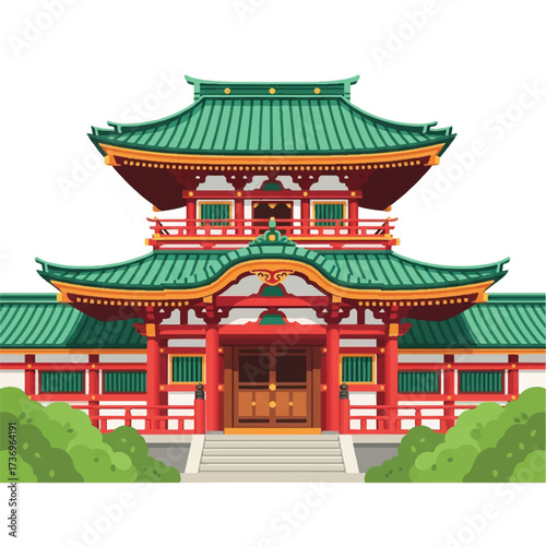 Illustration of a traditional Korean hanok architecture building with a green tiled roof and red accents on a white background.
