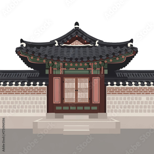 Illustration of a traditional Korean hanok architecture building with a tiled roof and ornate door on a white background.