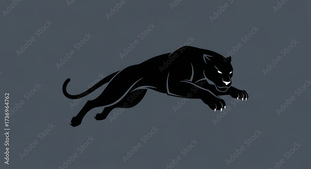 Obraz premium Majestic black panther illustration leaping with glowing eyes on a grey background