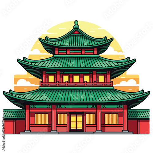 Illustration of a traditional Korean hanok architecture with a green roof and red walls against a yellow sunset background.