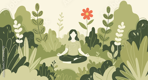 Woman meditating in peaceful nature scene.