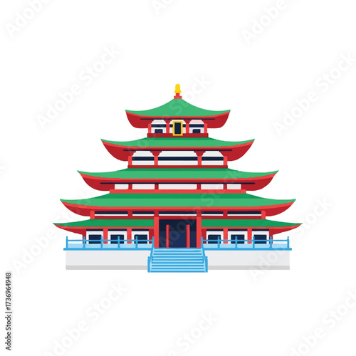 Illustration of a traditional Korean hanok architecture pagoda with green roofs and red accents on a white background.