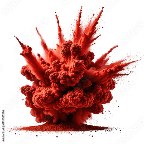 Red cloud of explosive burst, detailed powder shape isolated on black