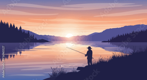 Fisherman enjoying the sunset casting a fishing rod on the lake shore.