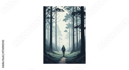 Solitary figure with a backpack exploring the woods.