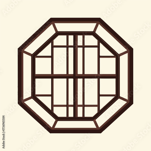 A traditional Korean hanok architectural window design with a dark brown wooden frame and octagonal shape on a beige background.