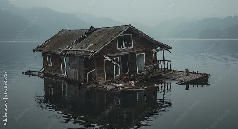 Fototapeta premium Dilapidated Lakeside Cabin: A haunting image of forgotten rustic dwelling in tranquil lake setting