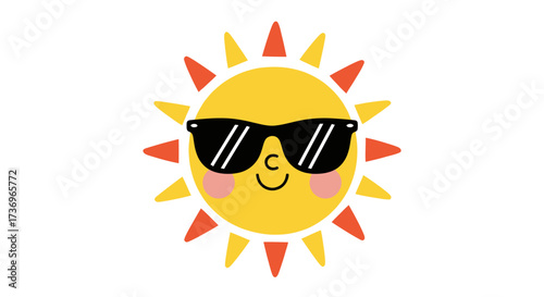 Smiling sun with sunglasses, summer fun, happy yellow sun, cheerful sunny day, bright sunny weather, summer vibes.