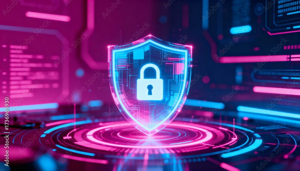 Fototapeta premium Digital shield glowing in cyber space, lock symbol in center, abstract secure data technology