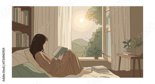 Woman Reading a Book in a Sunlit Room.