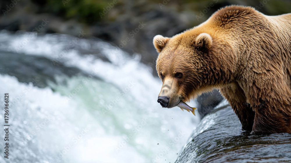 Obraz premium Majestic Brown Bear Catches Fish in Crystal Clear Waterfall Environment During Summer Day in Lush Forest Surroundings with Vibrant Nature Background