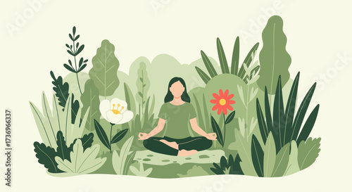 Woman meditating in nature, peaceful scene, mindful moment, tranquil setting, serene atmosphere.