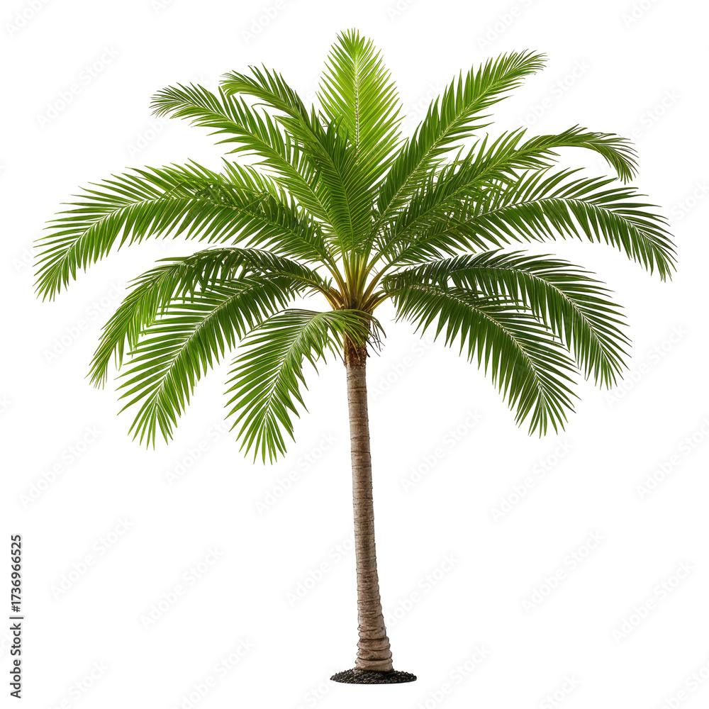 Fototapeta premium Isolated palm tree with lush green fronds and a brown trunk against a black background (2)