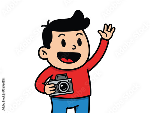 Cheerful cartoon boy with a camera waving hello, representing youthful photography hobby