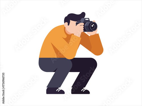 Vector illustration of a crouching male photographer taking a picture
