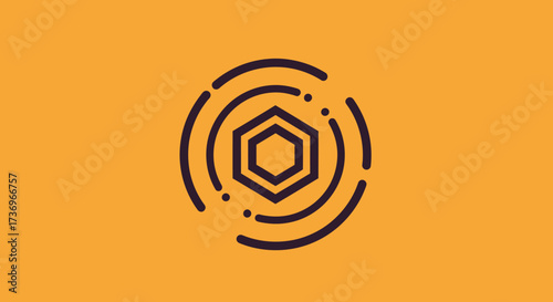 Modern geometric icon with a central hexagon and orbiting lines.