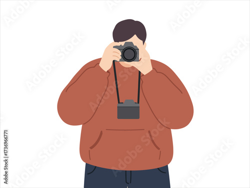 Person holding a camera and taking a photo, illustration